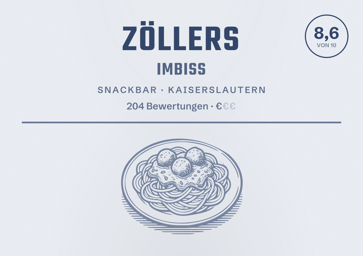 Illustriertes Poster von Zöllers Imbiss, Snackbar in Kaiserslautern: Bewertung 8,6 von 10 aus 204 Bewertungen, Preisniveau €