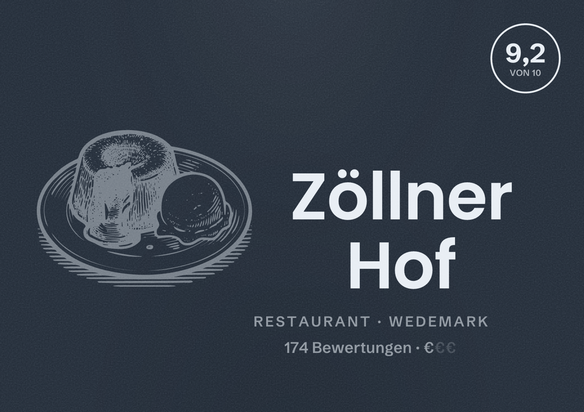 Illustriertes Poster von Zöllner Hof, Restaurant in Wedemark: Bewertung 9,2 von 10 aus 174 Bewertungen, Preisniveau €