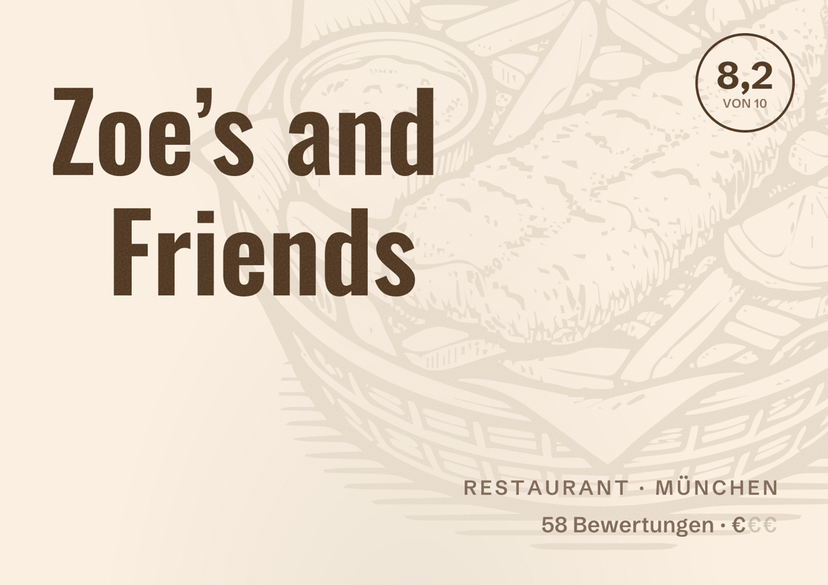Illustriertes Poster von Zoe’s and Friends, Restaurant in München: Bewertung 8,2 von 10 aus 58 Bewertungen, Preisniveau €