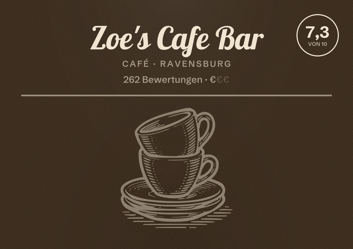 Illustriertes Poster von Zoe's Cafe Bar, Café in Ravensburg: Bewertung 7,3 von 10 aus 262 Bewertungen, Preisniveau €