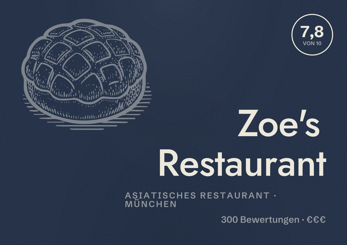 Illustriertes Poster von Zoe's Restaurant, Asiatisches Restaurant in München: Bewertung 7,8 von 10 aus 300 Bewertungen, Preisniveau €€€