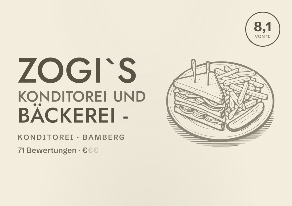 Illustriertes Poster von Zogi`s Konditorei und Bäckerei -, Konditorei in Bamberg: Bewertung 8,1 von 10 aus 71 Bewertungen, Preisniveau €