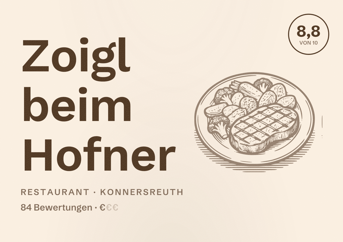 Illustriertes Poster von Zoigl beim Hofner, Restaurant in Konnersreuth: Bewertung 8,8 von 10 aus 84 Bewertungen, Preisniveau €