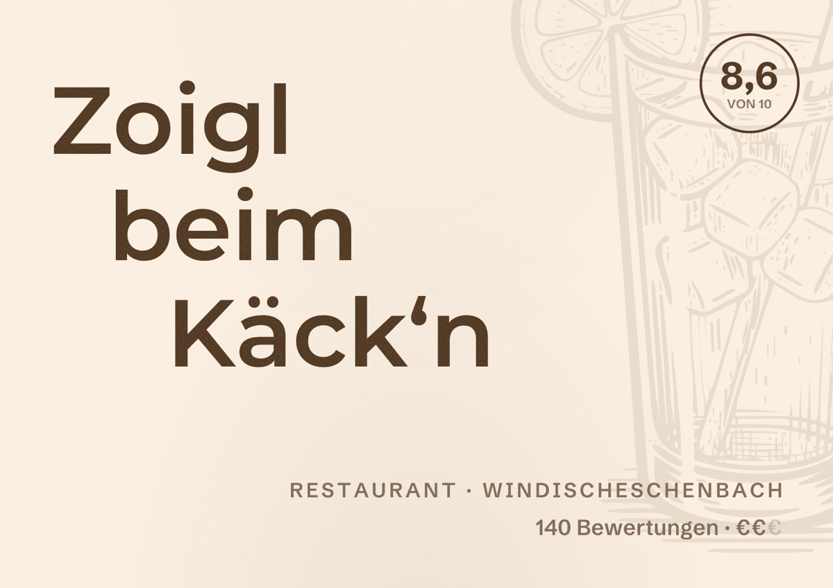 Illustriertes Poster von Zoigl beim Käck‘n, Restaurant in Windischeschenbach: Bewertung 8,6 von 10 aus 140 Bewertungen, Preisniveau €€