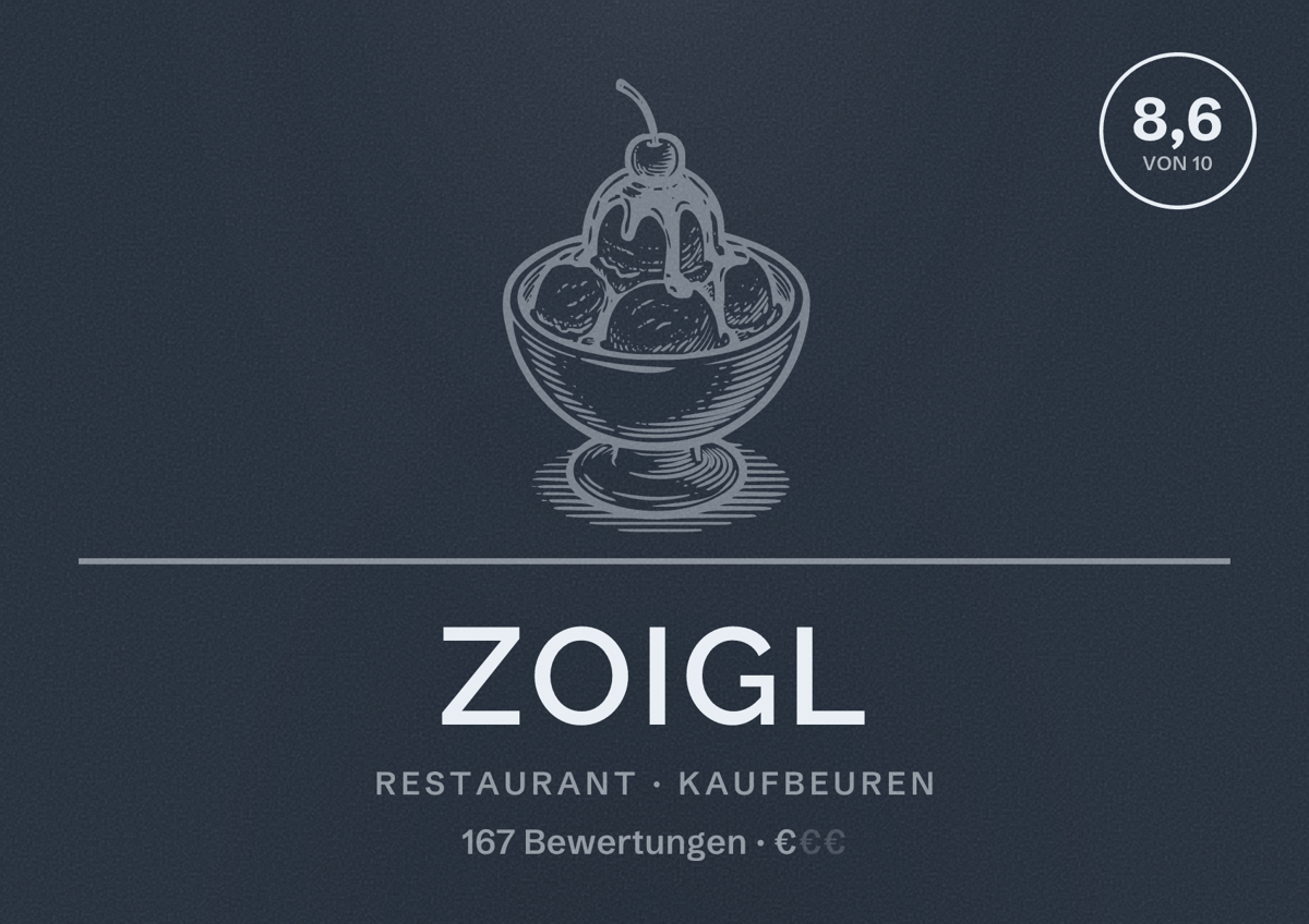 Illustriertes Poster von Zoigl, Restaurant in Kaufbeuren: Bewertung 8,6 von 10 aus 167 Bewertungen, Preisniveau €