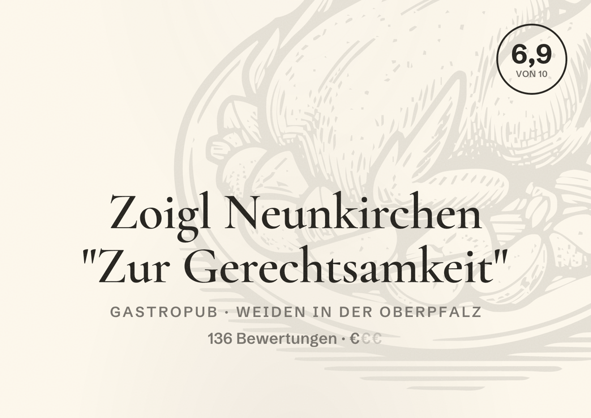 Illustriertes Poster von Zoigl Neunkirchen "Zur Gerechtsamkeit", Gastropub in Weiden in der Oberpfalz: Bewertung 6,9 von 10 aus 136 Bewertungen, Preisniveau €
