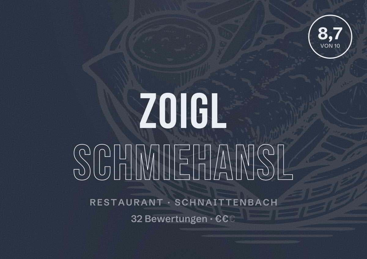 Illustriertes Poster von Zoigl Schmiehansl, Restaurant in Schnaittenbach: Bewertung 8,7 von 10 aus 32 Bewertungen, Preisniveau €€