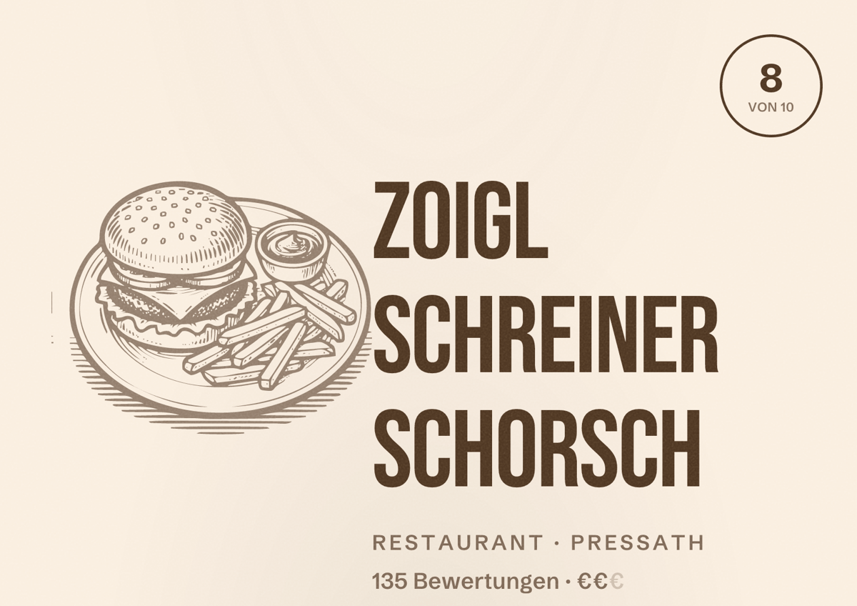 Illustriertes Poster von Zoigl Schreiner Schorsch, Restaurant in Pressath: Bewertung 8 von 10 aus 135 Bewertungen, Preisniveau €€
