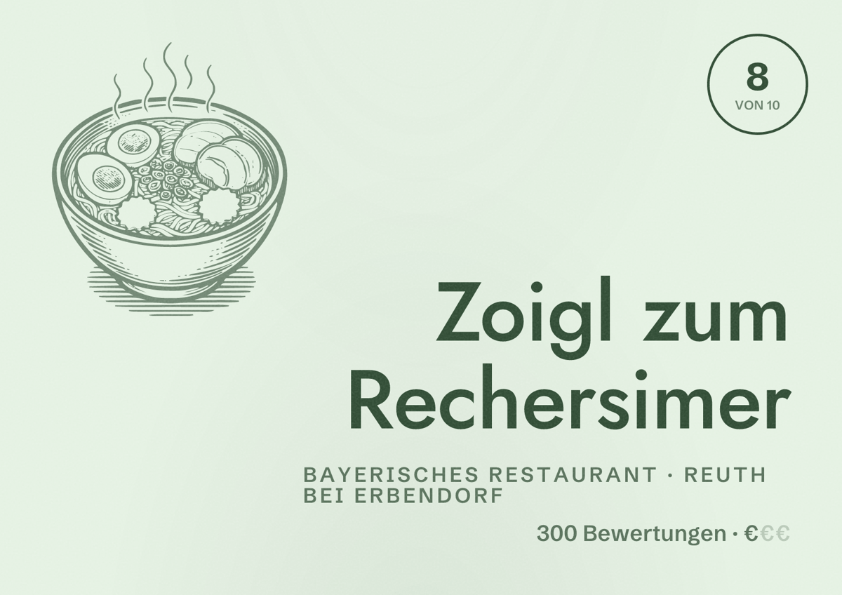 Illustriertes Poster von Zoigl zum Rechersimer, Bayerisches Restaurant in Reuth bei Erbendorf: Bewertung 8 von 10 aus 300 Bewertungen, Preisniveau €