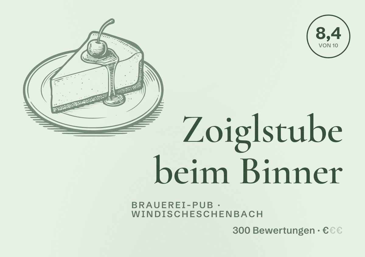 Illustriertes Poster von Zoiglstube beim Binner, Brauerei-Pub in Windischeschenbach: Bewertung 8,4 von 10 aus 300 Bewertungen, Preisniveau €