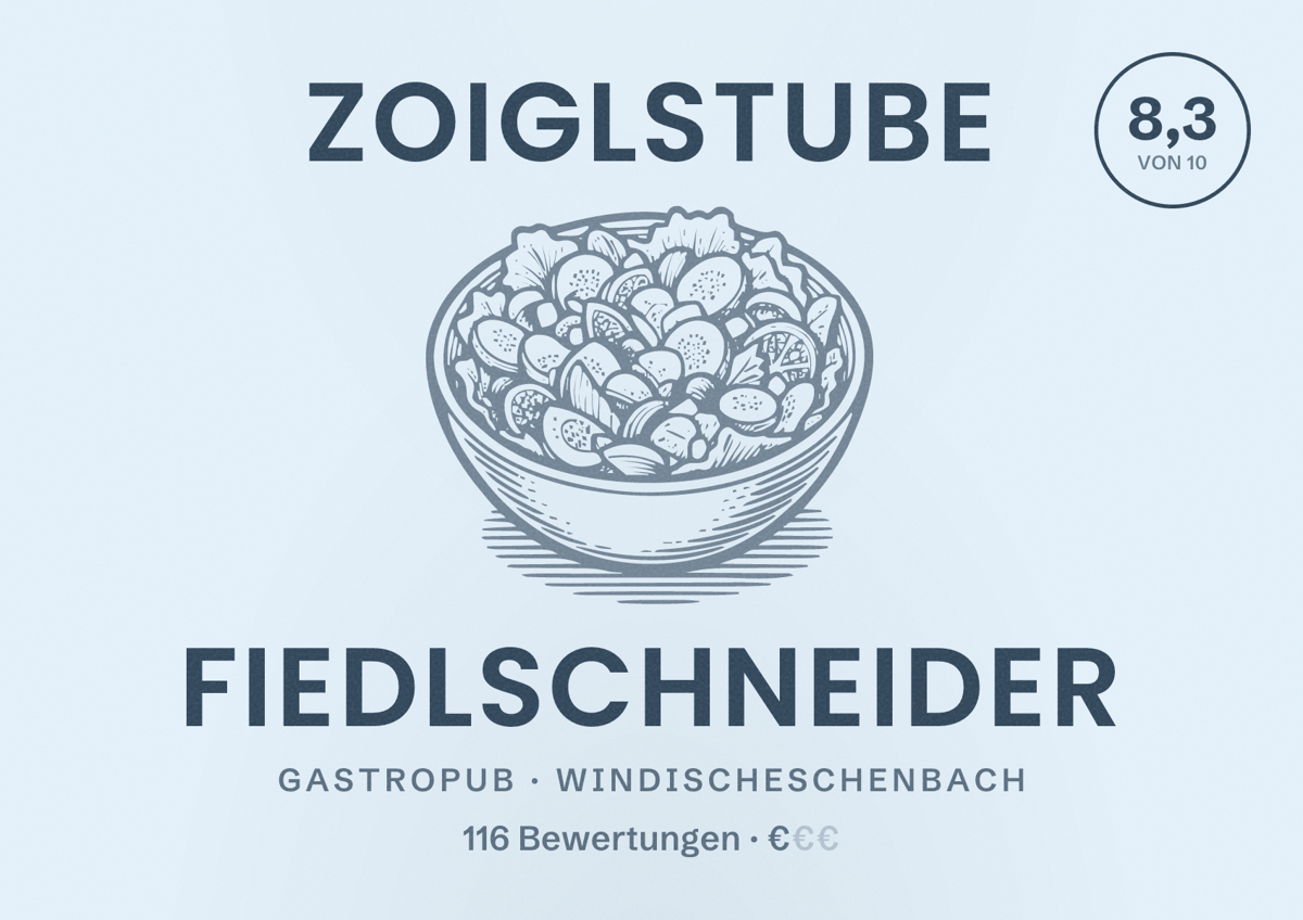 Illustriertes Poster von Zoiglstube Fiedlschneider, Gastropub in Windischeschenbach: Bewertung 8,3 von 10 aus 116 Bewertungen, Preisniveau €
