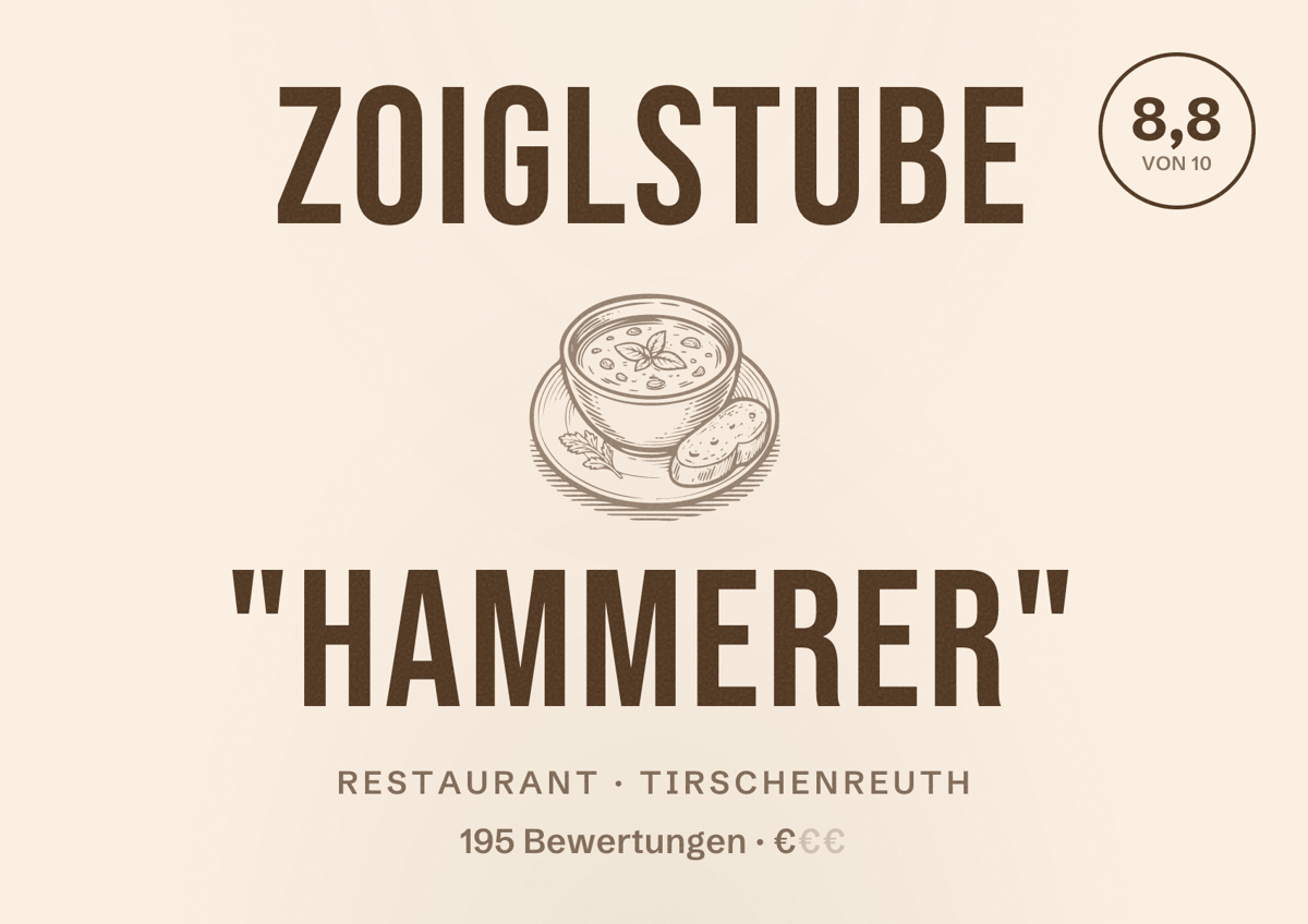 Illustriertes Poster von Zoiglstube "Hammerer", Restaurant in Tirschenreuth: Bewertung 8,8 von 10 aus 195 Bewertungen, Preisniveau €