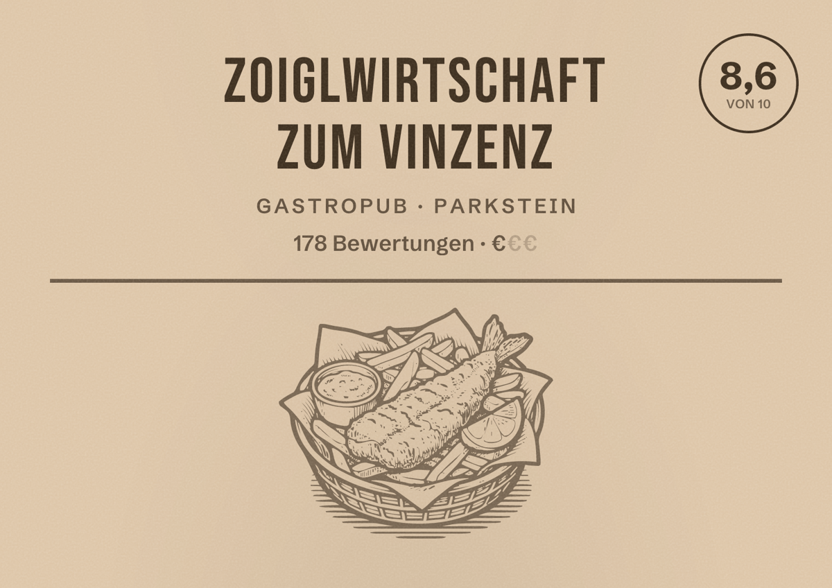 Illustriertes Poster von Zoiglwirtschaft zum Vinzenz, Gastropub in Parkstein: Bewertung 8,6 von 10 aus 178 Bewertungen, Preisniveau €
