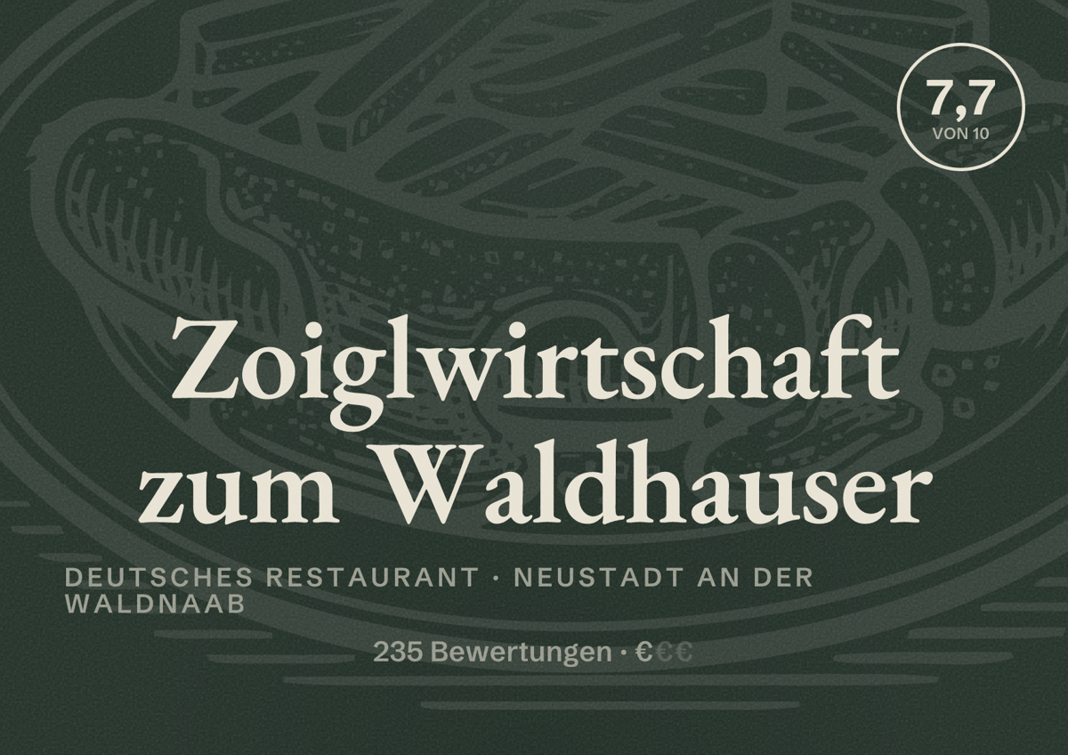 Illustriertes Poster von Zoiglwirtschaft zum Waldhauser, Deutsches Restaurant in Neustadt an der Waldnaab: Bewertung 7,7 von 10 aus 235 Bewertungen, Preisniveau €