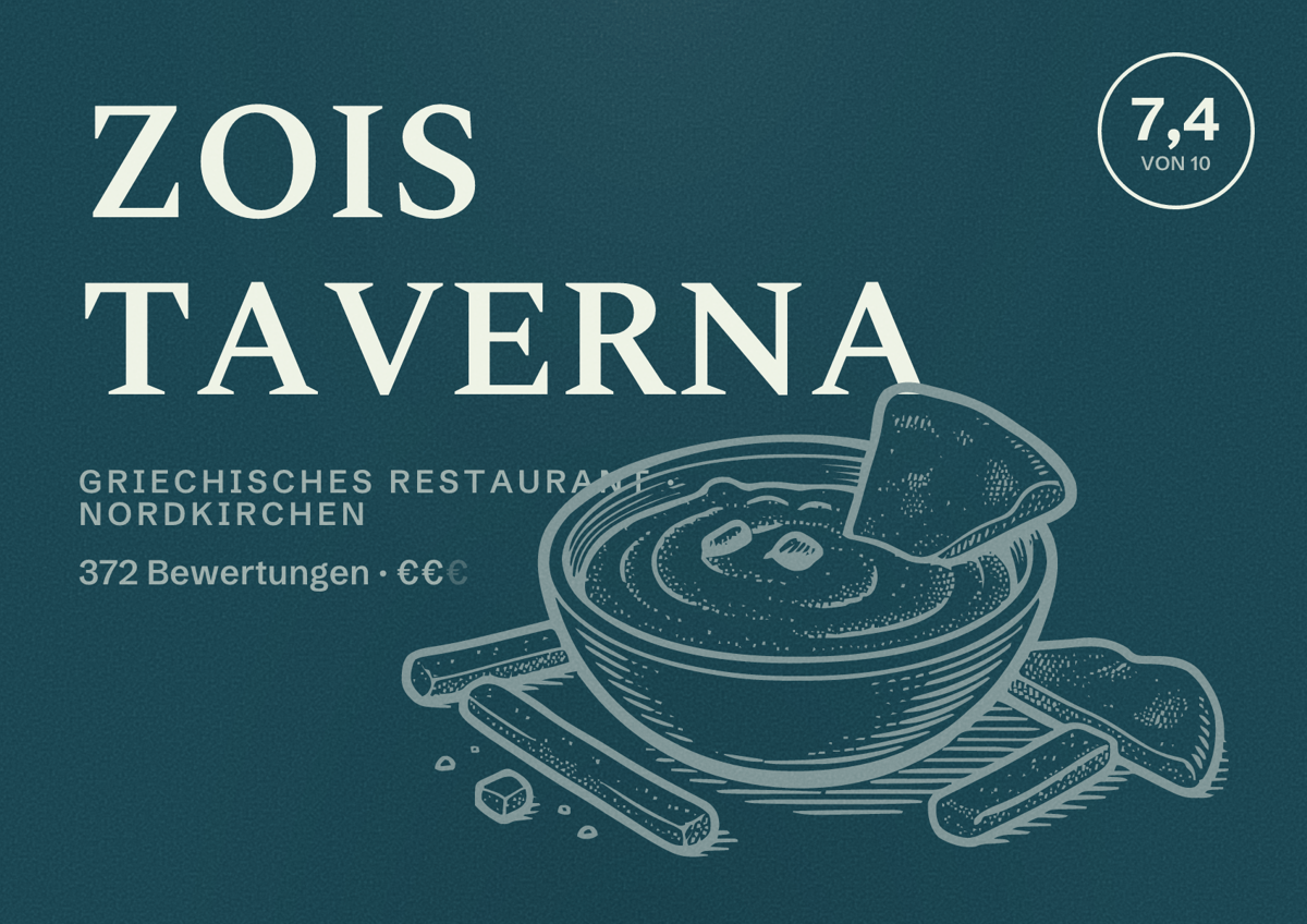 Illustriertes Poster von ZOIS TAVERNA, Griechisches Restaurant in Nordkirchen: Bewertung 7,4 von 10 aus 372 Bewertungen, Preisniveau €€