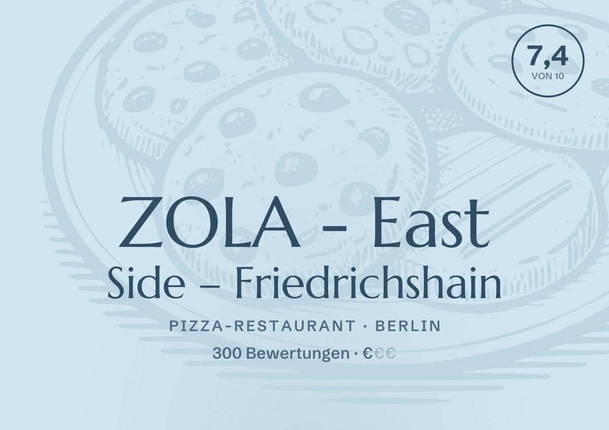 Illustriertes Poster von ZOLA - East Side – Friedrichshain, Pizza-Restaurant in Berlin: Bewertung 7,4 von 10 aus 300 Bewertungen, Preisniveau €