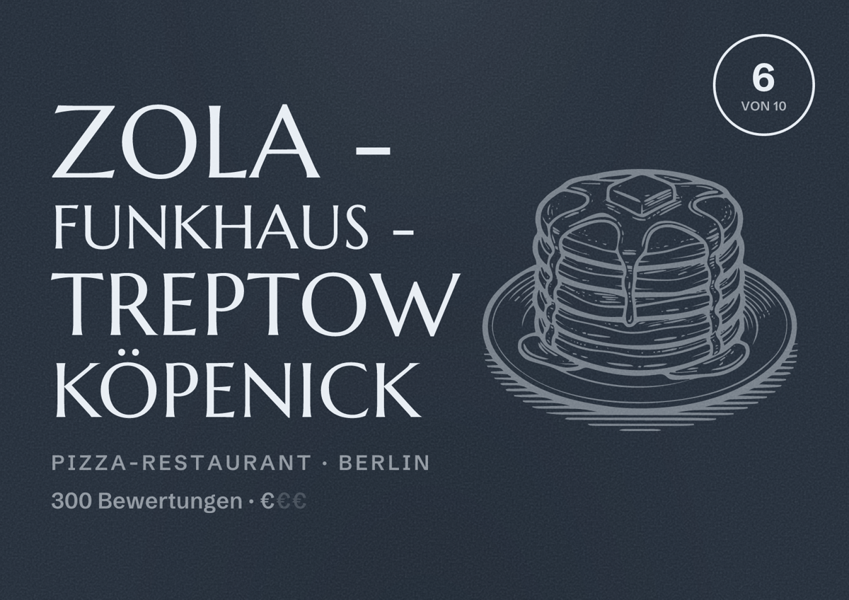 Illustriertes Poster von ZOLA - Funkhaus - Treptow Köpenick, Pizza-Restaurant in Berlin: Bewertung 6,0 von 10 aus 300 Bewertungen, Preisniveau €