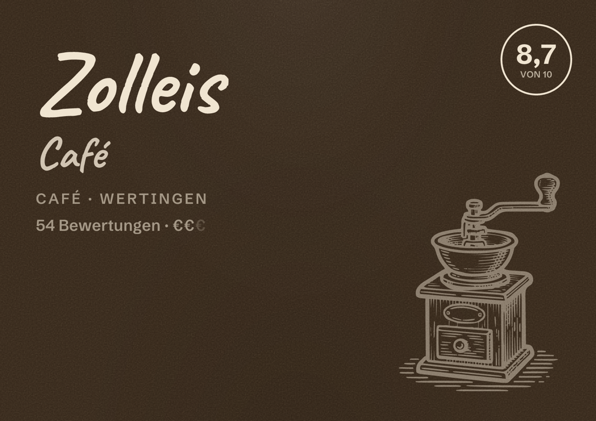 Illustriertes Poster von Zolleis Café, Café in Wertingen: Bewertung 8,7 von 10 aus 54 Bewertungen, Preisniveau €€