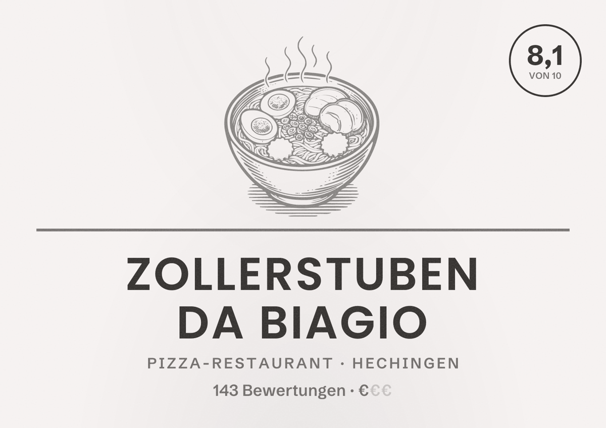 Illustriertes Poster von Zollerstuben Da Biagio, Pizza-Restaurant in Hechingen: Bewertung 8,1 von 10 aus 143 Bewertungen, Preisniveau €