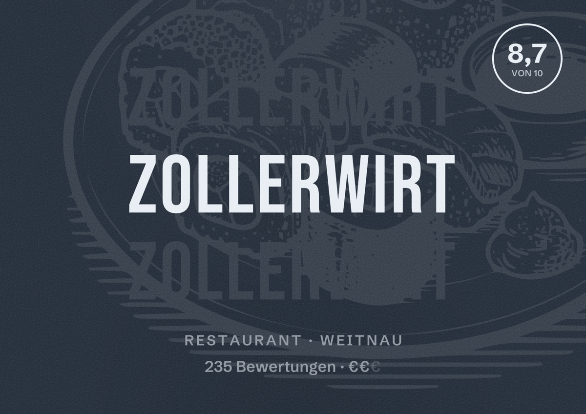 Illustriertes Poster von Zollerwirt, Restaurant in Weitnau: Bewertung 8,7 von 10 aus 235 Bewertungen, Preisniveau €€
