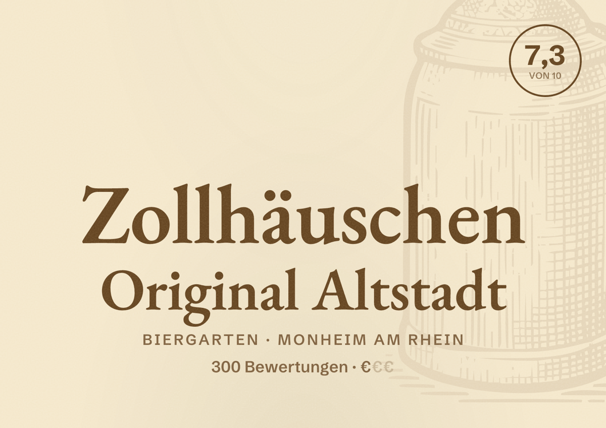 Illustriertes Poster von Zollhäuschen Original Altstadt, Biergarten in Monheim am Rhein: Bewertung 7,3 von 10 aus 300 Bewertungen, Preisniveau €