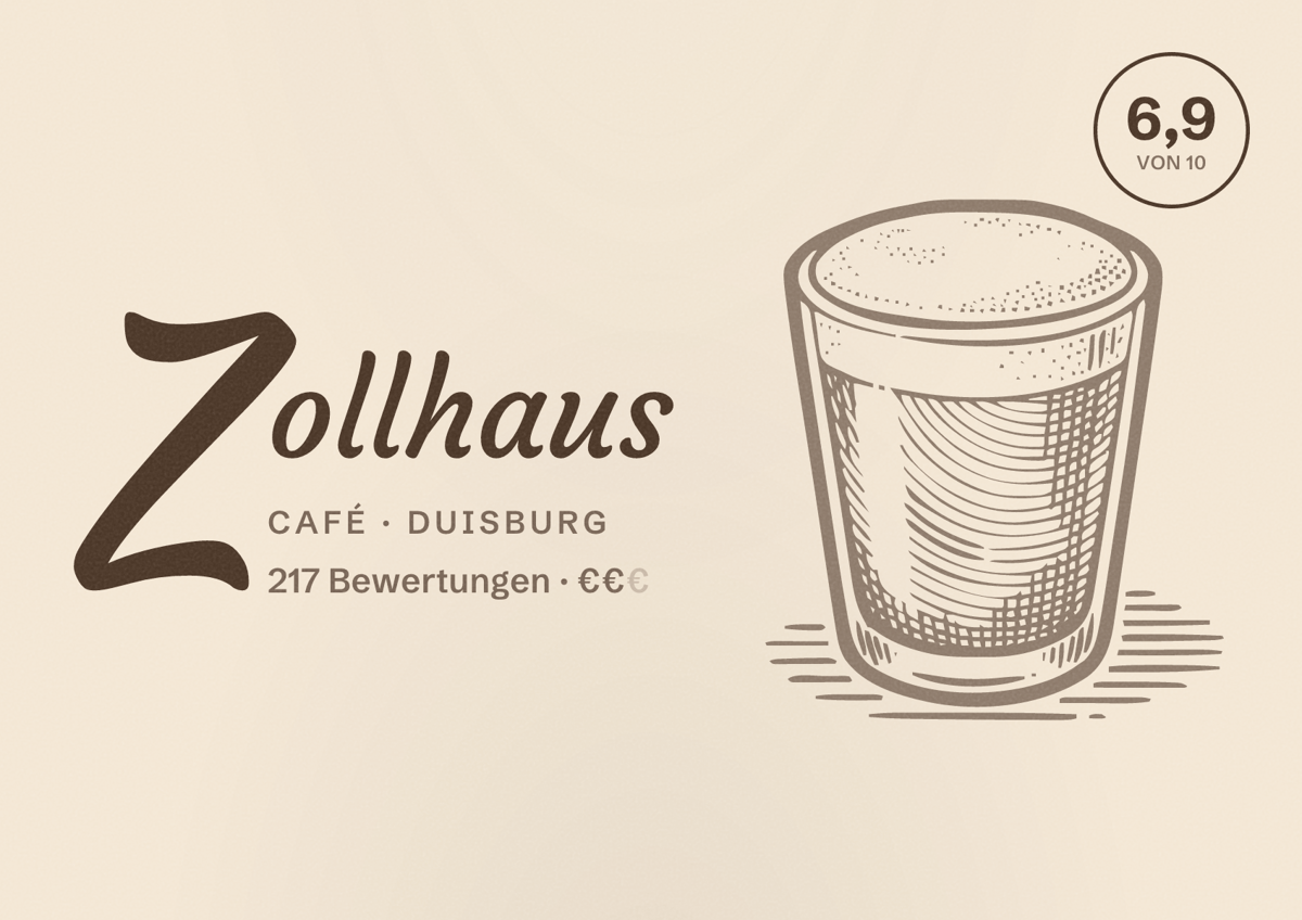 Illustriertes Poster von Zollhaus, Café in Duisburg: Bewertung 6,9 von 10 aus 217 Bewertungen, Preisniveau €€