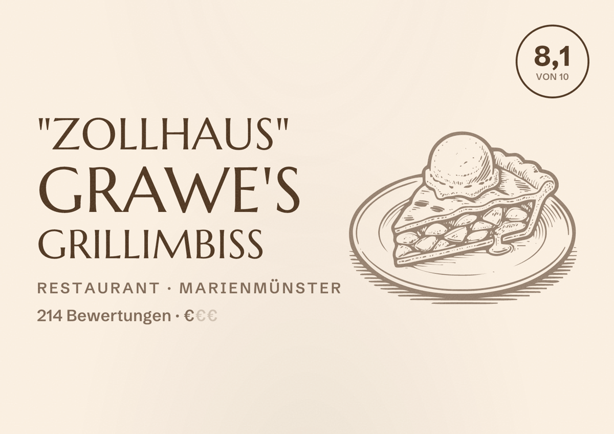 Illustriertes Poster von "Zollhaus" Grawe's Grillimbiss, Restaurant in Marienmünster: Bewertung 8,1 von 10 aus 214 Bewertungen, Preisniveau €