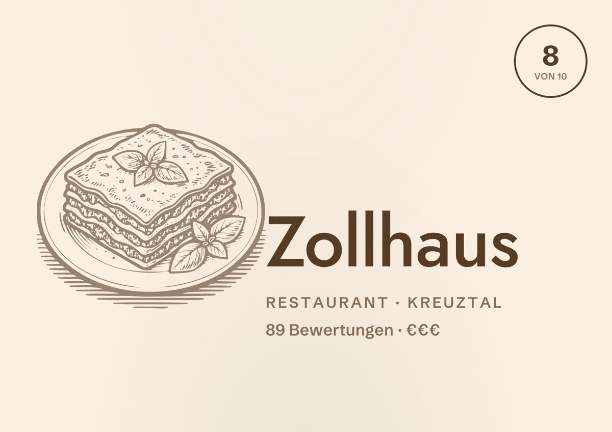 Illustriertes Poster von Zollhaus, Restaurant in Kreuztal: Bewertung 8 von 10 aus 89 Bewertungen, Preisniveau €€€