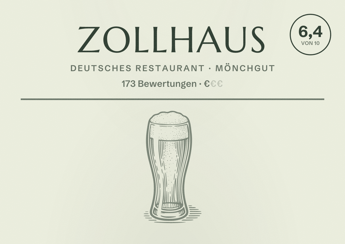 Illustriertes Poster von Zollhaus, Deutsches Restaurant in Mönchgut: Bewertung 6,4 von 10 aus 173 Bewertungen, Preisniveau €
