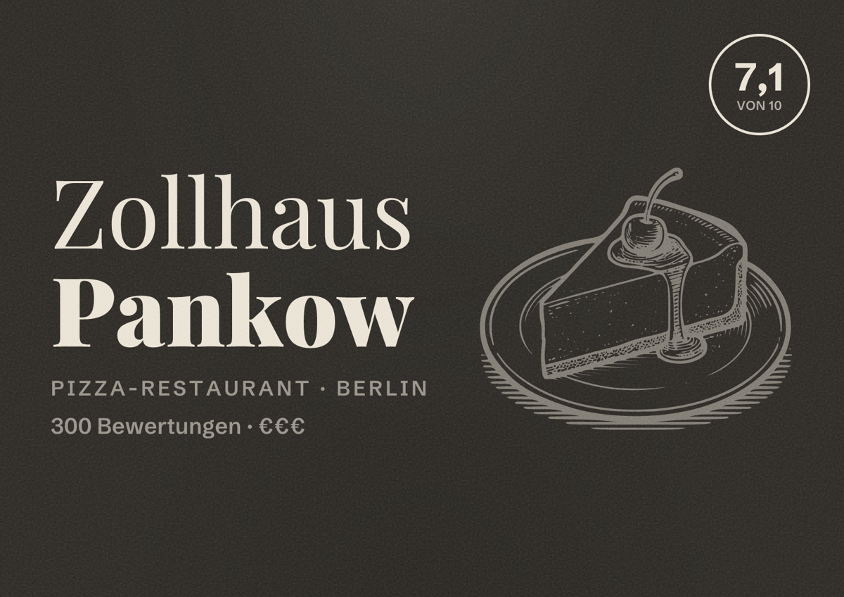 Illustriertes Poster von Zollhaus Pankow, Pizza-Restaurant in Berlin: Bewertung 7,1 von 10 aus 300 Bewertungen, Preisniveau €€€