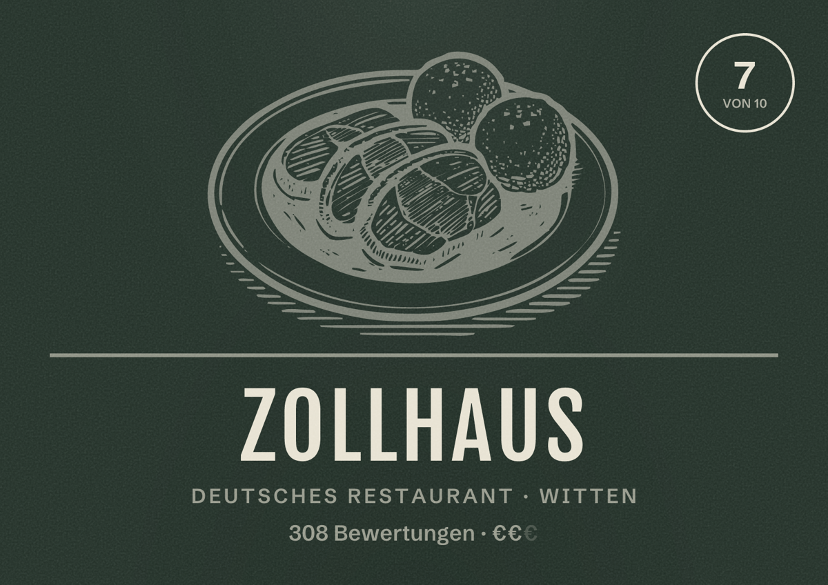 Illustriertes Poster von Zollhaus, Deutsches Restaurant in Witten: Bewertung 7 von 10 aus 308 Bewertungen, Preisniveau €€