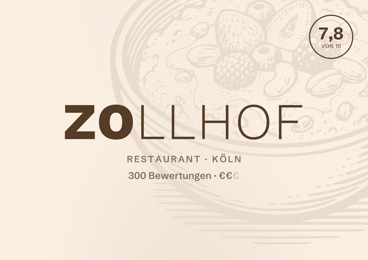Illustriertes Poster von Zollhof, Restaurant in Köln: Bewertung 7,8 von 10 aus 300 Bewertungen, Preisniveau €€