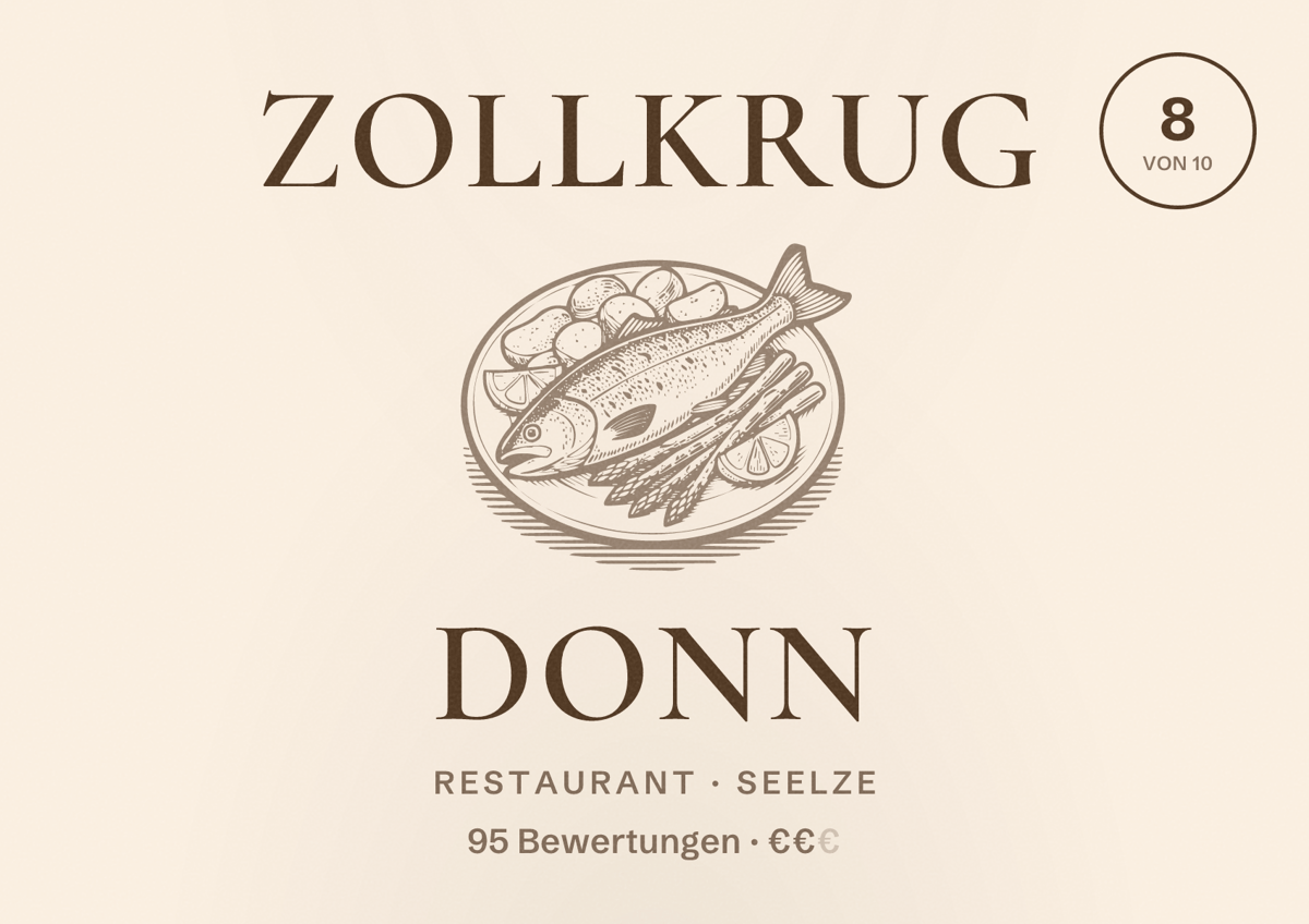 Illustriertes Poster von Zollkrug Donn, Restaurant in Seelze: Bewertung 8 von 10 aus 95 Bewertungen, Preisniveau €€