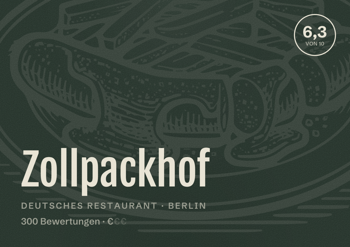 Illustriertes Poster von Zollpackhof, Deutsches Restaurant in Berlin: Bewertung 6,3 von 10 aus 300 Bewertungen, Preisniveau €
