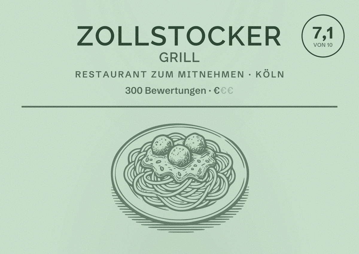 Illustriertes Poster von Zollstocker Grill, Restaurant zum Mitnehmen in Köln: Bewertung 7,1 von 10 aus 300 Bewertungen, Preisniveau €