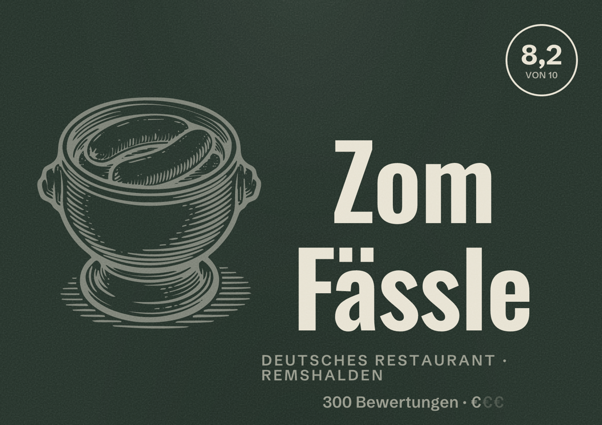 Illustriertes Poster von Zom Fässle, Deutsches Restaurant in Remshalden: Bewertung 8,2 von 10 aus 300 Bewertungen, Preisniveau €