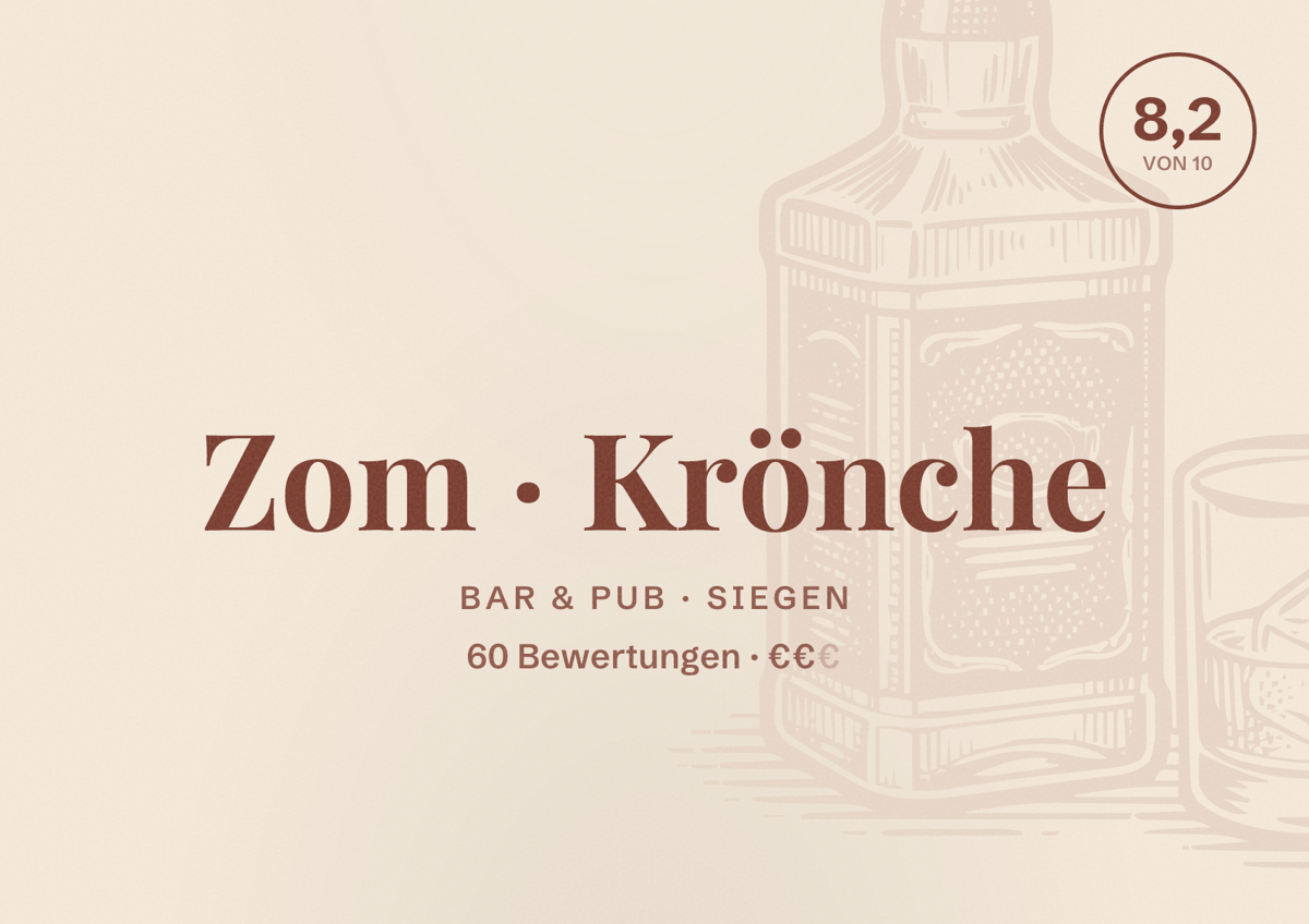 Illustriertes Poster von Zom Krönche, Bar & Pub in Siegen: Bewertung 8,2 von 10 aus 60 Bewertungen, Preisniveau €€