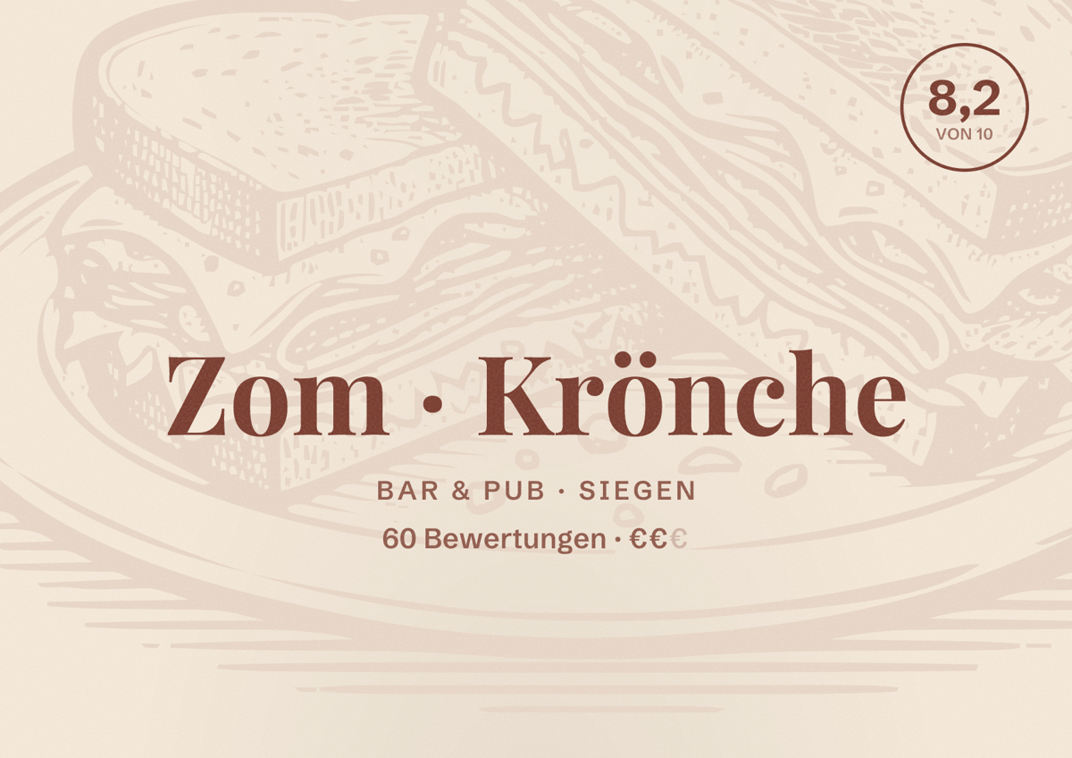 Illustriertes Poster von Zom Krönche, Bar & Pub in Siegen: Bewertung 8,2 von 10 aus 60 Bewertungen, Preisniveau €€