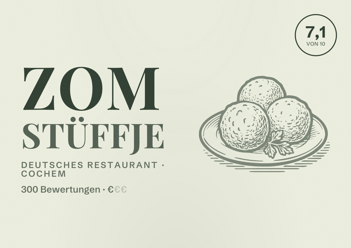 Illustriertes Poster von Zom Stüffje, Deutsches Restaurant in Cochem: Bewertung 7,1 von 10 aus 300 Bewertungen, Preisniveau €