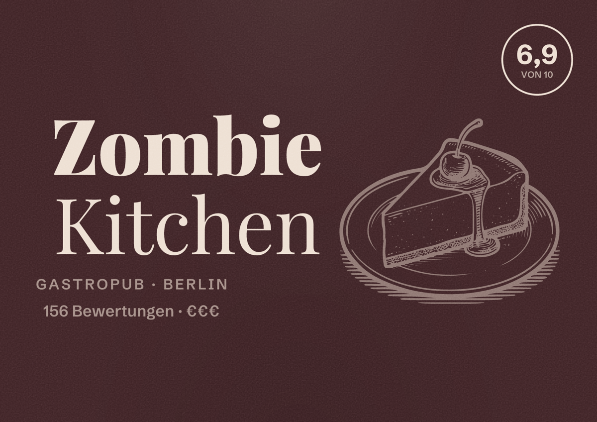 Illustriertes Poster von Zombie Kitchen, Gastropub in Berlin: Bewertung 6,9 von 10 aus 156 Bewertungen, Preisniveau €€€