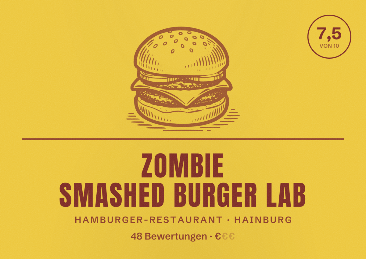 Illustriertes Poster von Zombie Smashed Burger Lab, Hamburger-Restaurant in Hainburg: Bewertung 7,5 von 10 aus 48 Bewertungen, Preisniveau €