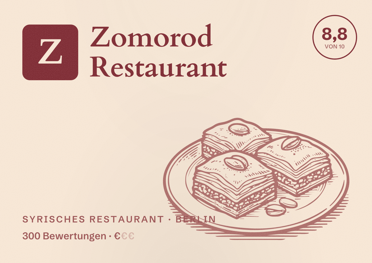 Illustriertes Poster von Zomorod Restaurant, Syrisches Restaurant in Berlin: Bewertung 8,8 von 10 aus 300 Bewertungen, Preisniveau €