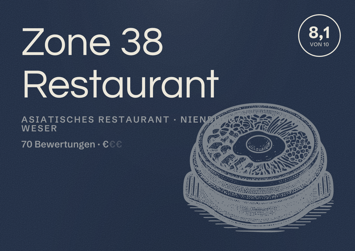 Illustriertes Poster von Zone 38 Restaurant, Asiatisches Restaurant in Nienburg/Weser: Bewertung 8,1 von 10 aus 70 Bewertungen, Preisniveau €