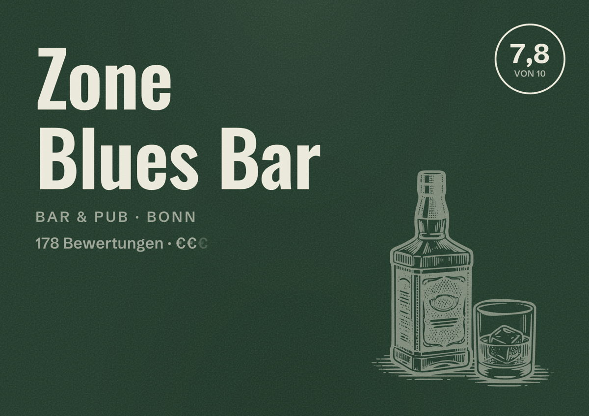 Illustriertes Poster von Zone Blues Bar, Bar & Pub in Bonn: Bewertung 7,8 von 10 aus 178 Bewertungen, Preisniveau €€