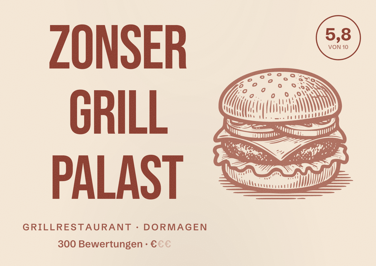 Illustriertes Poster von Zonser Grill Palast, Grillrestaurant in Dormagen: Bewertung 5,8 von 10 aus 300 Bewertungen, Preisniveau €