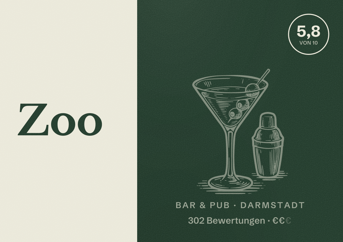 Illustriertes Poster von Zoo, Bar & Pub in Darmstadt: Bewertung 5,8 von 10 aus 302 Bewertungen, Preisniveau €€