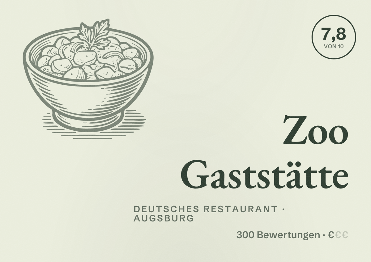 Illustriertes Poster von Zoo Gaststätte, Deutsches Restaurant in Augsburg: Bewertung 7,8 von 10 aus 300 Bewertungen, Preisniveau €