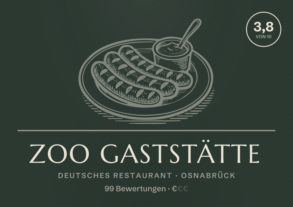 Illustriertes Poster von Zoo Gaststätte, Deutsches Restaurant in Osnabrück: Bewertung 3,8 von 10 aus 99 Bewertungen, Preisniveau €
