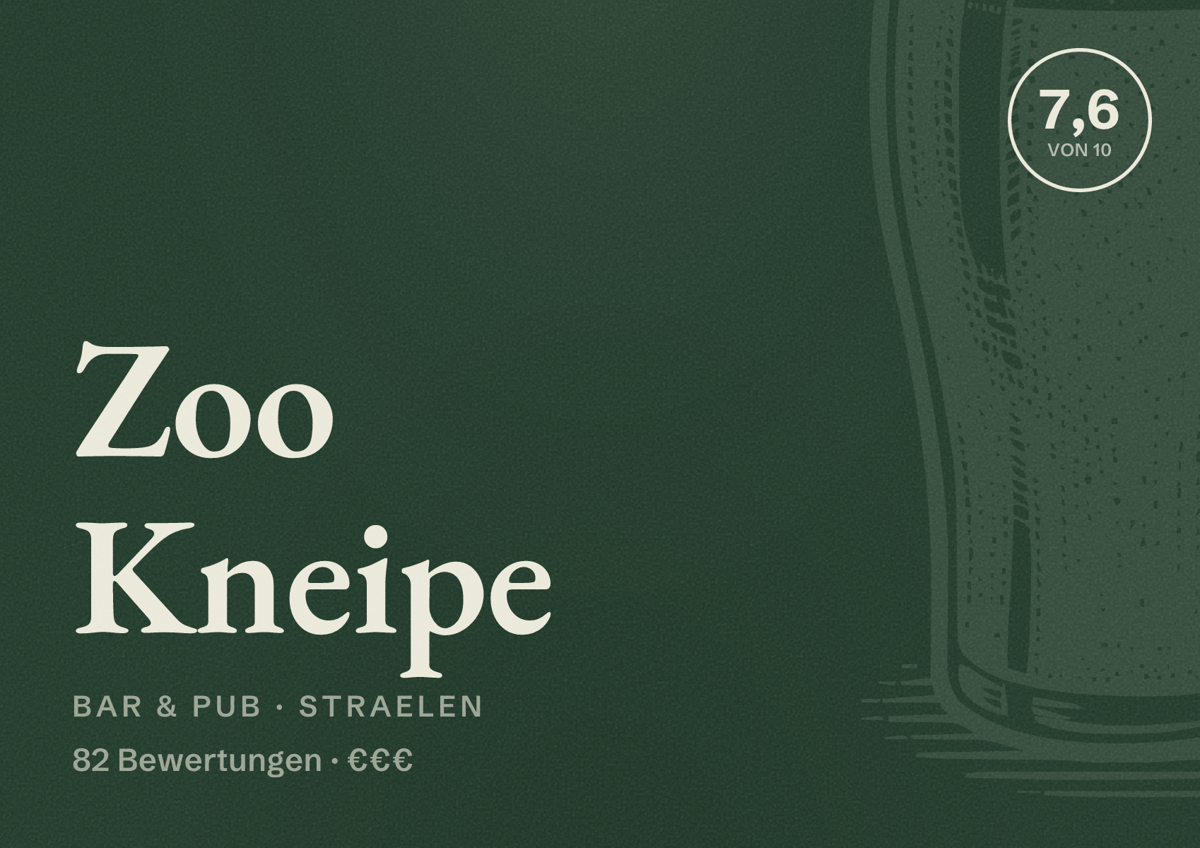 Illustriertes Poster von Zoo Kneipe, Bar & Pub in Straelen: Bewertung 7,6 von 10 aus 82 Bewertungen, Preisniveau €€€