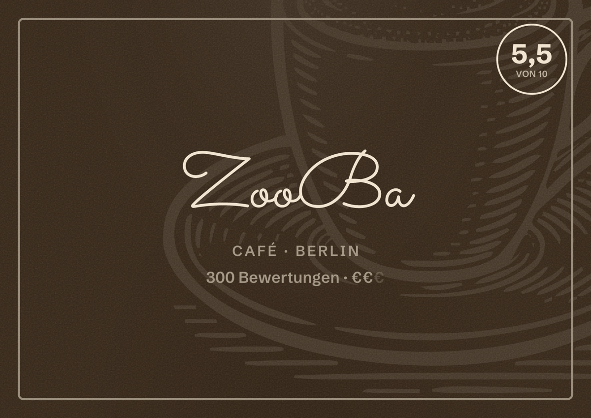 Illustriertes Poster von ZooBa, Café in Berlin: Bewertung 5,5 von 10 aus 300 Bewertungen, Preisniveau €€